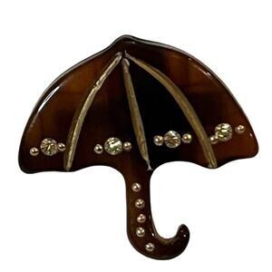 Vintage Celluloid Umbrella Pin Brooch Brown Rhinestones 1” Translucent